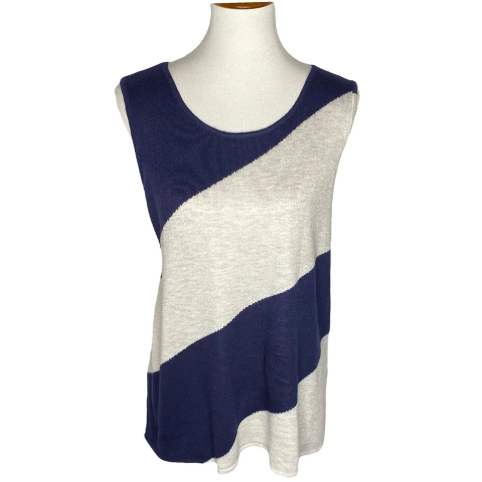 Chico's кашемир смесь без рукавов вязаный свитер синий серый полоски размер L 12 опрятный - Изображение 2 из 4