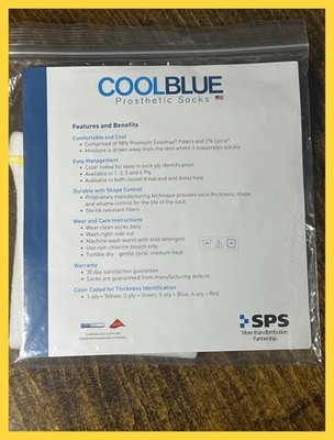 1 CoolBlue Prosthetic Sock CB1MDRG2 Coolmax 1 Ply Size 1,2 Length 16-20 Unused
