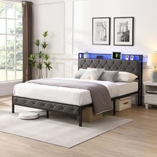 Queen Bed Frame with Storage Headboard, Charging Station and LED Lights Bedroom