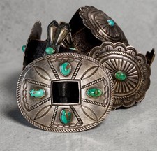Vintage Navajo TURQUOISE CONCHO BELT Repoussé Old Sterling Dark Patina ~344g