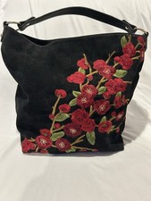 Embroidered Suede Bucket Handbag Cherry Bloss...