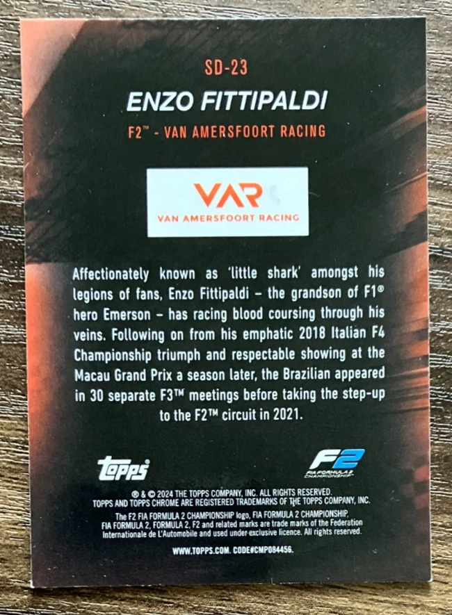 Speed Demons Enzo Fittipaldi SD-23 - 2024 Topps Chrome Insert Formula 1 F1 F2 - Image 2 of 2