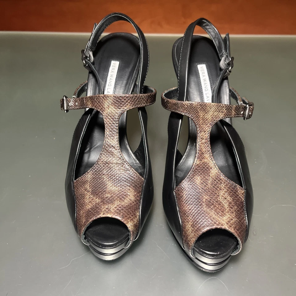 Vera Wang Lavanda Negro/Serpiente 5" Plataforma Cuero Tacón Para Mujer Talla 7.5 Italia Foto 4 de 4