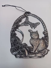 VTG Pewter Cat In Basket & Butterflies Wind Chime - VGC + FAST shipping!