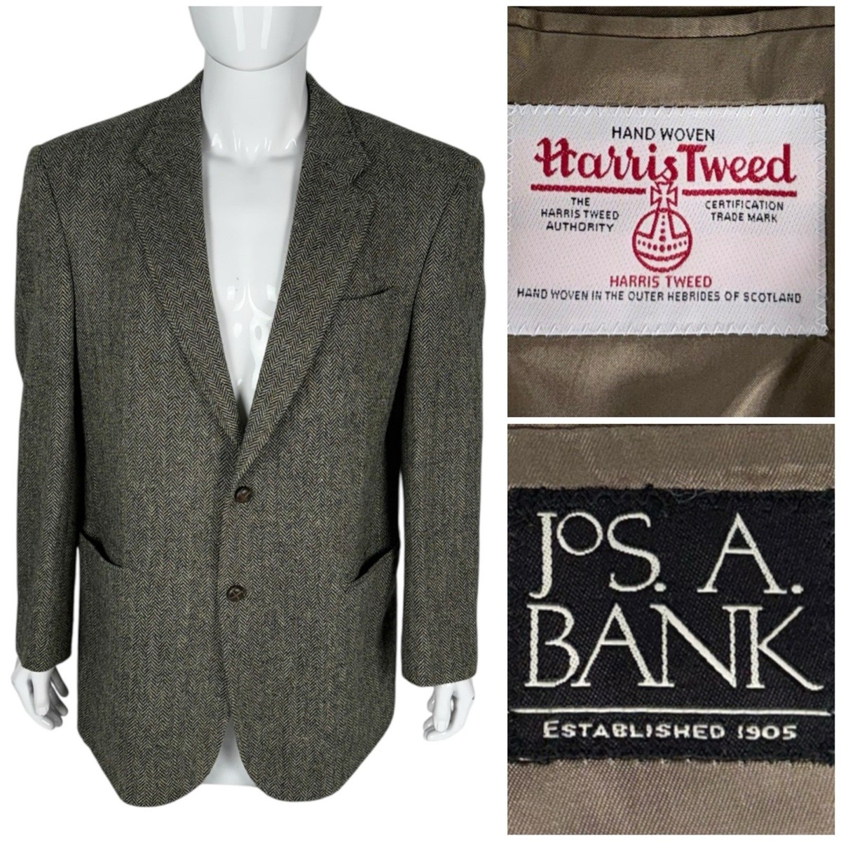 Harris Tweed JOS A BANK Mens 44 L Sport Coat Blazer Two Button 100