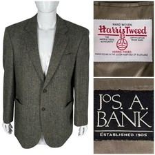 Harris Tweed JOS A BANK Mens 44 L Sport Coat Blazer Two Button 100 Wool Green