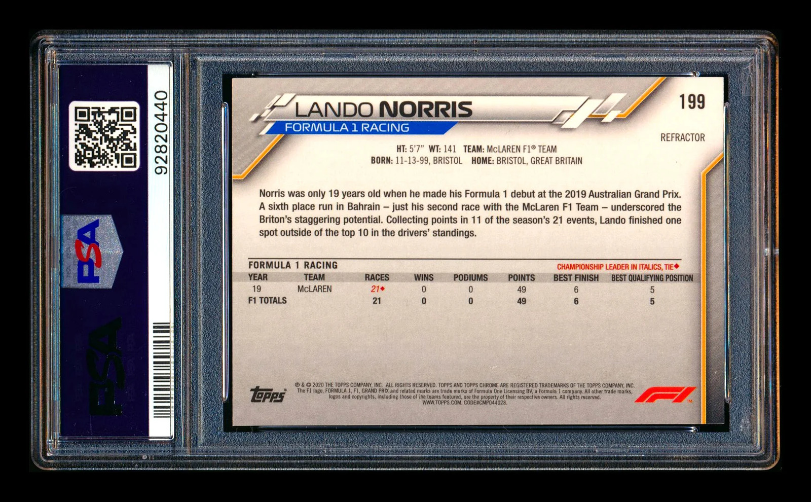 2020 Topps Chrome F1 #199 Lando Norris RC Refractor Freshest PSA 10 view 2