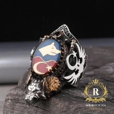 Eagle And Wolf Engraving Relief,Black Zircon Stone,925 K Silver Men's Thumb Ring