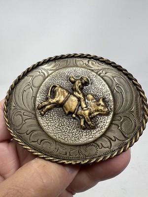 Vintage 70s Western Belt Buckle W/German Silver Rodeo Bull Rider - Bucking Bull