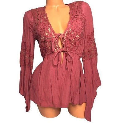American Threads Lace Top Womens Mauve Long Sleeve Cinch Waist Size S