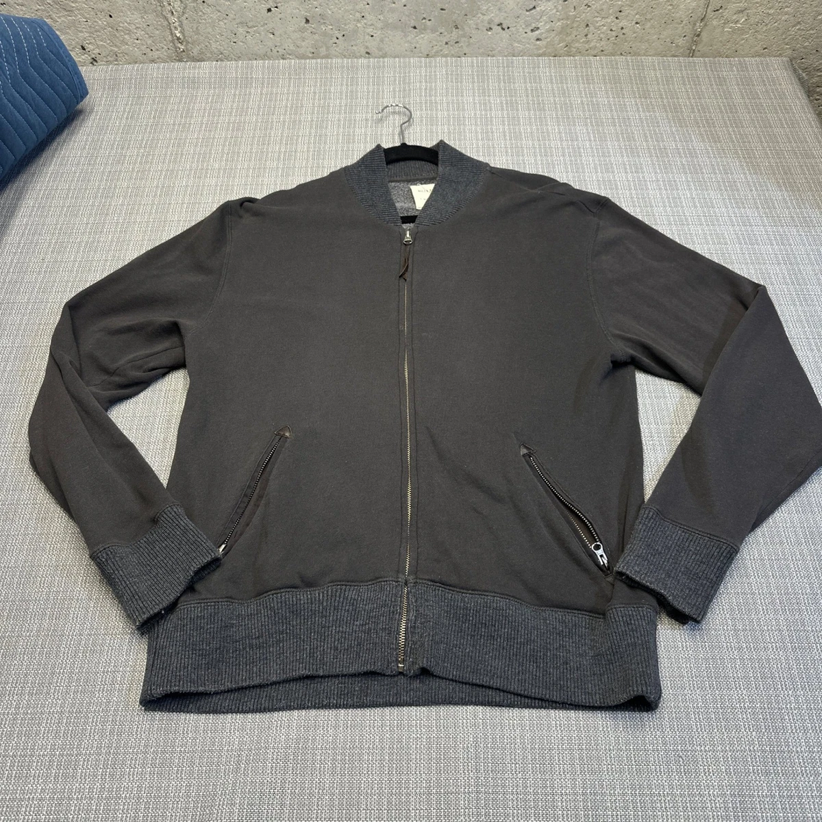 Veste Bomber Homme Billy Reid Grise, Bordure Cuir, Fermeture éclair, Taille L