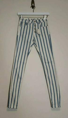 Bershka Taglia 02 NUOVO fit PUSH UP Jeans Skinny Stretch Denim Blu A Righe  Bianco | eBay