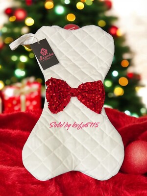 Christmas Bling Dog White Red Bow Sequins Quilted Dog Bone Stocking 17'' Cute