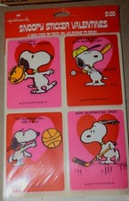 VINTAGE, HALLMARK SNOOPY SPORTS STICKER VALENTINES, Four Designs, New and Sealed