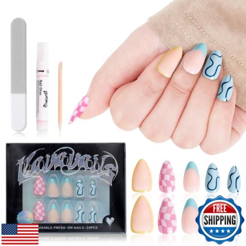 VAVAVAILS Press On Nails Semi-Transparent Short Almond Fake Nails, Colorful G
