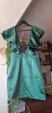 Emerald Green Satin Ruffle Detail Plunge Bodycon Mini Dress Size S Waist 28" 