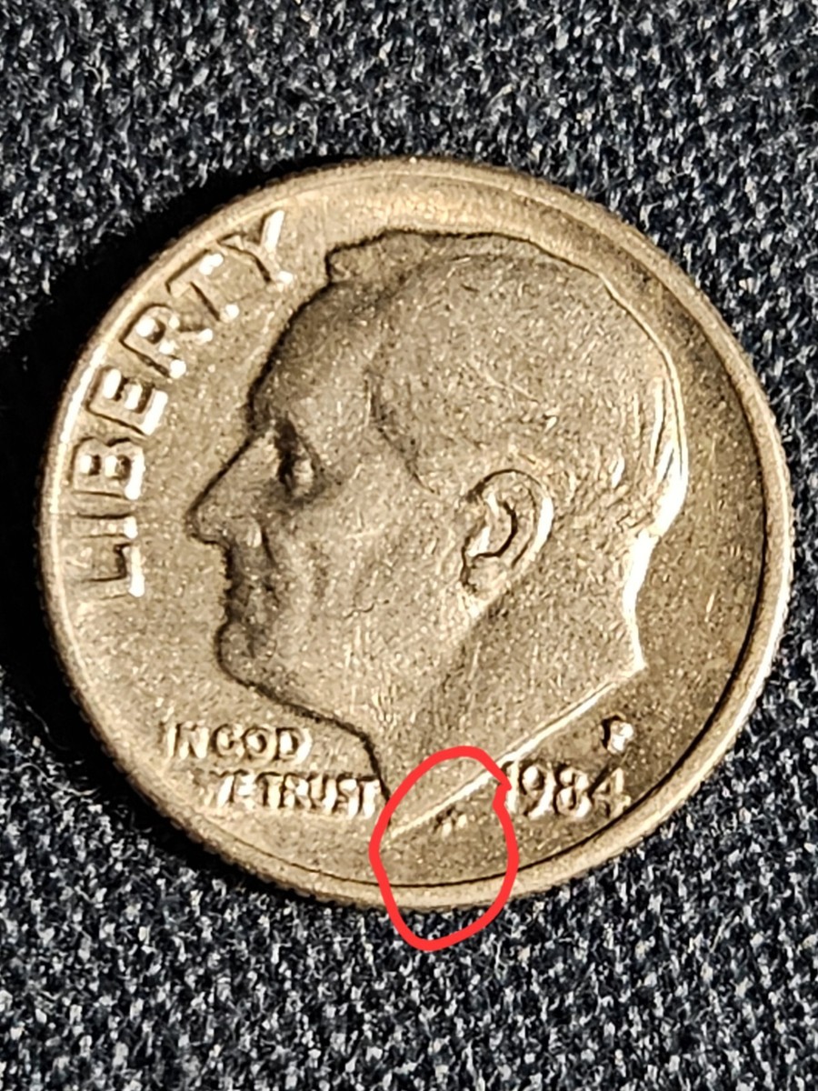 1984 P Dime Errors Struck Off Center, Filled In Mint Mark, Letters
