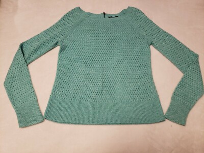 American Eagle Sweater Women Sz M Sea Turquoise Open Knit Zip Back Raglan Sleeve