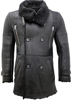 Herren Zweireihig Warm Echt Shepherd Schwarzes Leder Seemannsjacke