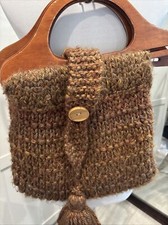 VTG Handmade Hand-Knit Women's Hand Bag Purse, Brown Wooden Handle 14x16
