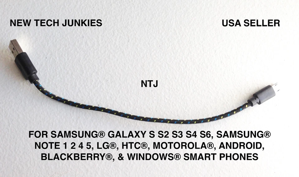 SHORT 8" Braided MICRO USB power cord Charger Cable for Galaxy s3 s4 s6 s6+ s7 - Image 2 of 4