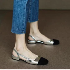 Women Pumps Square Toe Comfy Flat Low Heel Slingback Sandals Shoes Party Dress