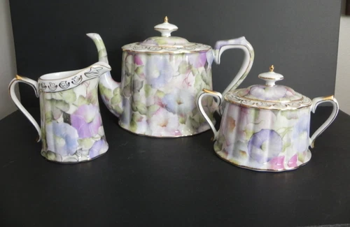 Morning Glory by Skye McGhle – Lavender Pink Green Leaf Tea Set – Teapot Sugar C