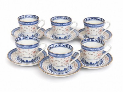 Ingdezhen Reiskorn Demitasse Tassen Untertassen 6er Set Chinesisches Porzellan