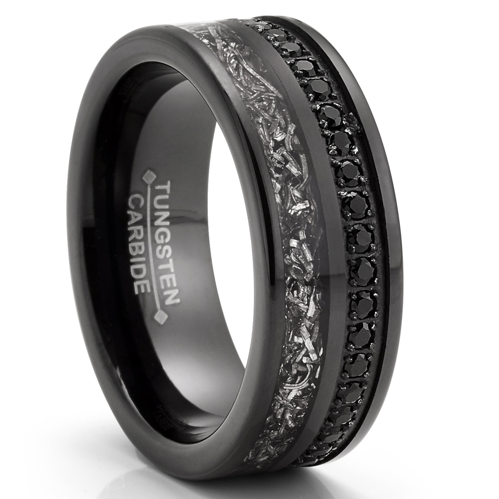 Mens Black Tungsten Carbide Wedding Band Eternity Ring Cubic Zirconia Meteorite-image