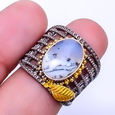 Dendritic Agate Black Rhodium 925 Sterling Silver Ring S.7 R43, Christmas Gift