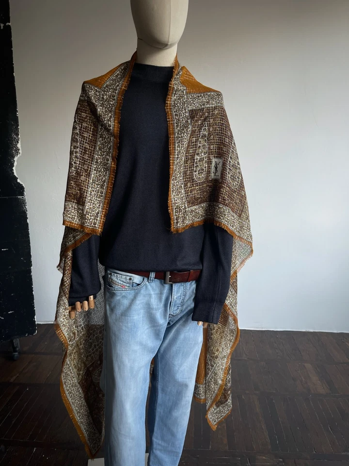 Yves Saint Laurent YSL Bufanda Vintage Años 70 Lana Seda Naranja Marrón Beige Étnico Foto 3 de 4
