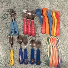 Assortment of Multicolor Baby Cutlery Set Spoons Forks Plastic Stainless Steel