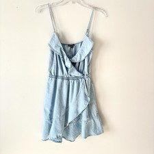 Express Size XS V-Neck Ruffled Denim Faux Wrap Mini Dress Light Blue