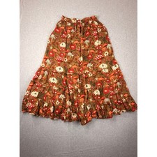 Fairy Forest Mushroom Floral Print Cotton Tiered Maxi Skirt Brown Red Boho M/L