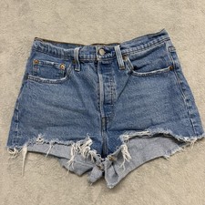 Levi's 501 High Rise Distressed Button Fly Blue Denim Shorts Womens 28