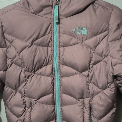 The North Face 550 Girls Puffer Jacket S/P (7/8) Gray/Teal Hooded Full Zip