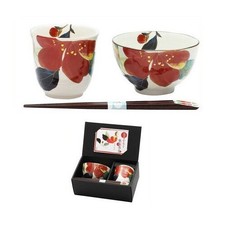 Set ciotola di riso e tazza da tè giapponese Mino Ware bacchette 'Camelia' co...