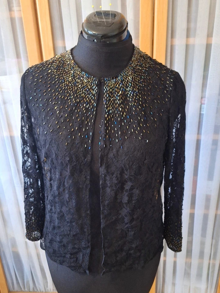 BLACK BEADED LACE EVENING TOP JACKET SIZE 12 COQUETTE RETROGLAM ROMANTIC GOTH  - Image 2 of 4