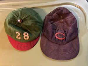 2 VINTAGE 1930S-40S FELT WOOL BASEBALL SPORTS HATS CAPS "C" & "28"