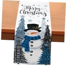 Blue Snowman Christmas Table Runner 13x72 Inch Burlap Farmhouse Dining Table