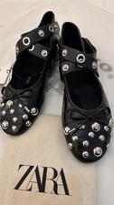 Zara Black Trend Luxury Embossed Ballerina With Studs Flat Shoes