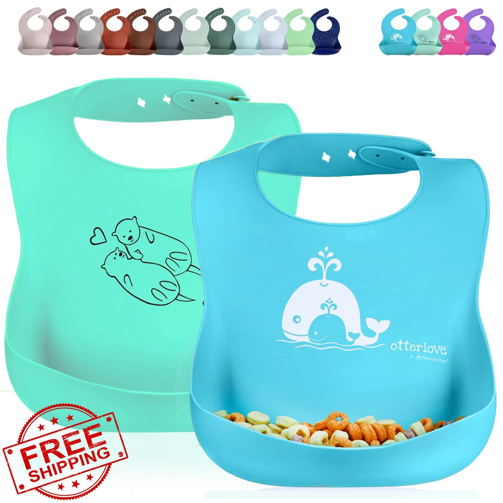 otterlove Silicone Baby Bibs 2 Pack Blue Whales Green Otters LFGB
Opens in a new window or tab