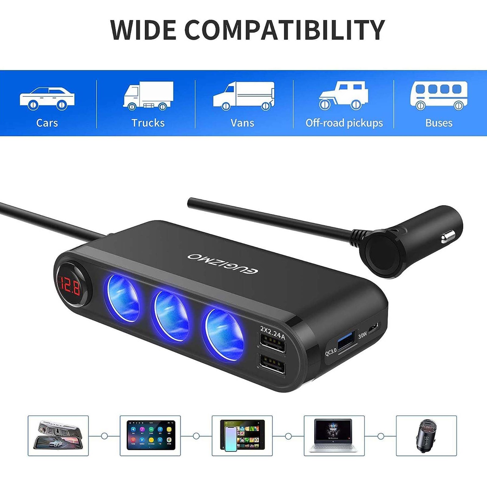 Car Cigarette Lighter Splitter 20W Quick Charge 3.0 3 Socket 12V/24V Adapte