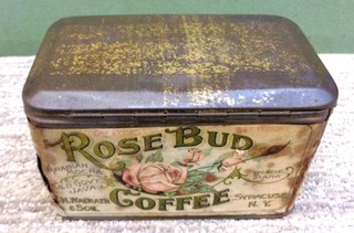 Antique Rose Bud Coffee Tin Box w/Hinged Lid Paper Label 1 Lb Syracuse NY