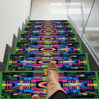 Colorful Geometric Pattern Printed Stair Treads, Easy to Clean, Slip-Resistant