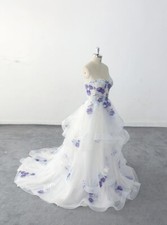 Purple Lace White Wedding Dress A-line Romantic Spaghetti Strap Bridal Gowns