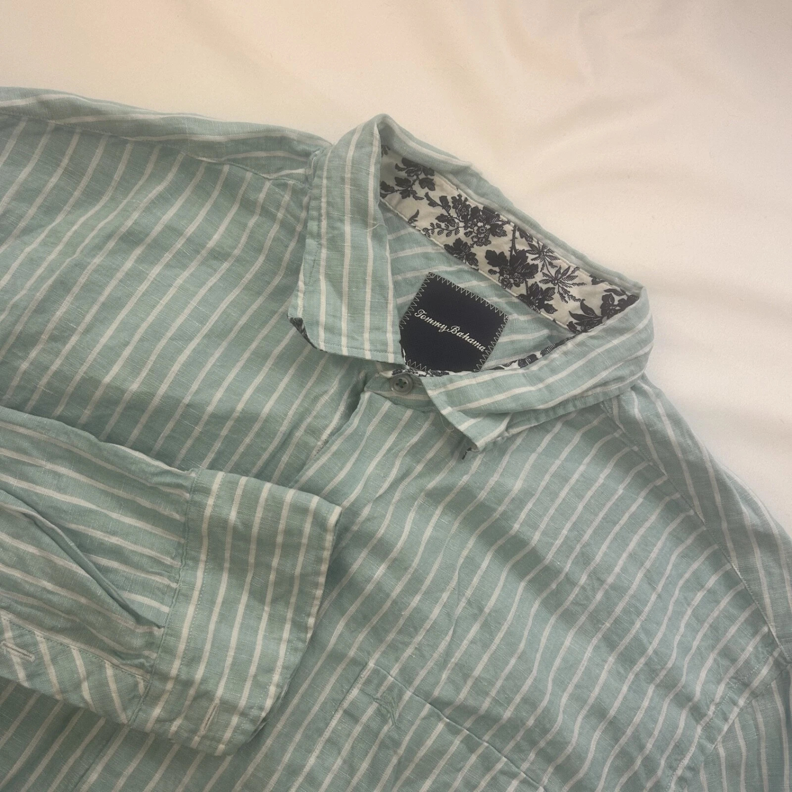 Tommy Bahama Men Teal White Candy Stripes Linen Long Sleeve Button Down Shirt XL