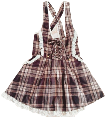 LIZ LISA Check Jumper skirt Brown Lace Ribbon Heisei Gal Used