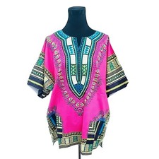 African Dashiki Cotton Wax Print Multicolored Top One Size Fit Most pink multicm