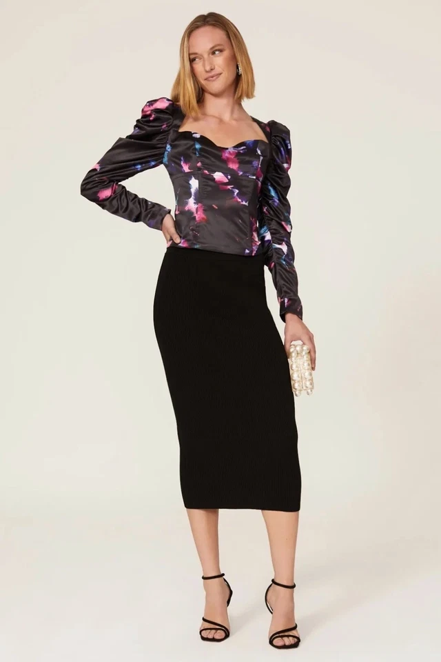 Badgley Mischka Rent the Runway Printed Bustier Top Satin Black in 0 2 4 6 8 - Image 4 of 4